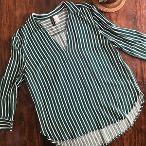 Dark Green and White Stripe Collared Blouse